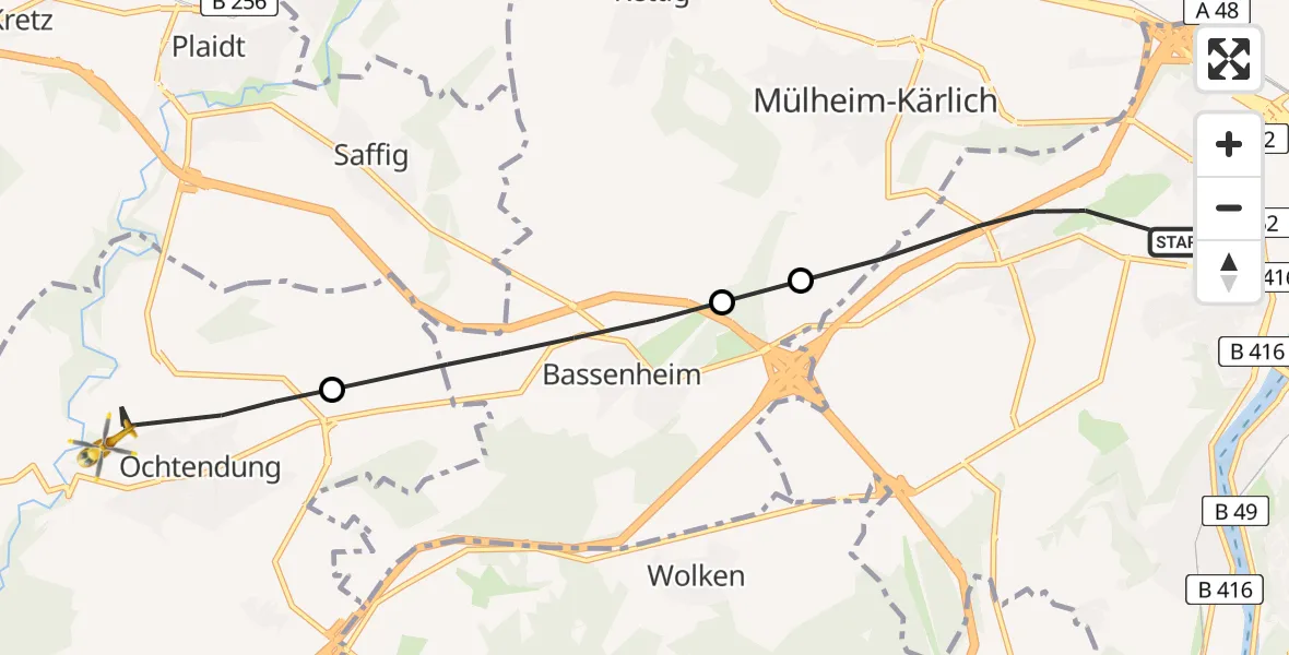 Flugroute Rettungshubschrauber Koblenz - Ochtendung, 22 Juni 2026, 08:26