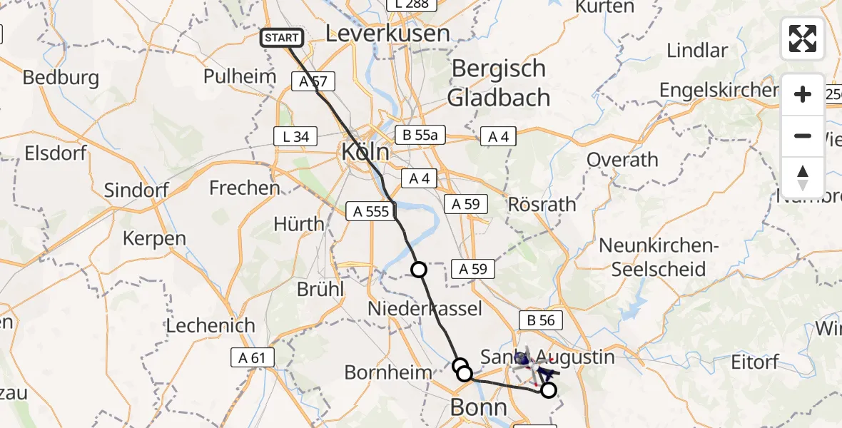 Flugroute Polizeihubschrauber Köln - Sankt Augustin, 22 Juni 2026, 08:31