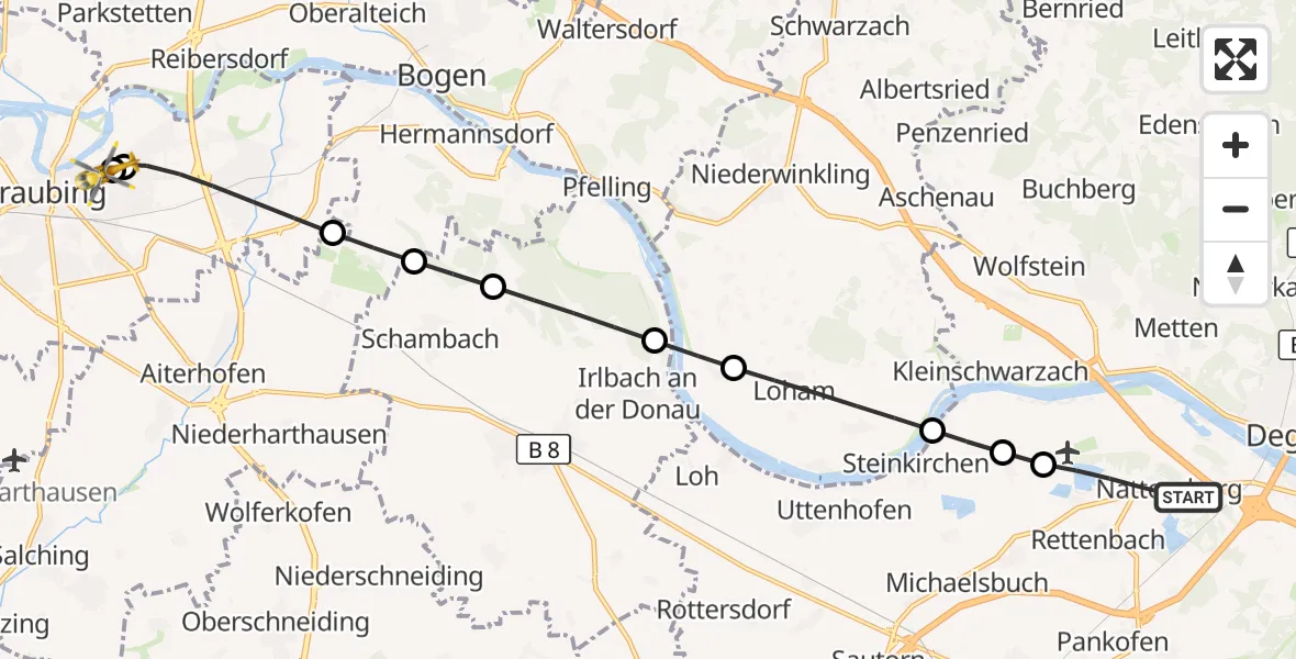 Flugroute Rettungshubschrauber Deggendorf - Sankt Elisabeth Hospital Straubing, 22 Juni 2026, 08:33