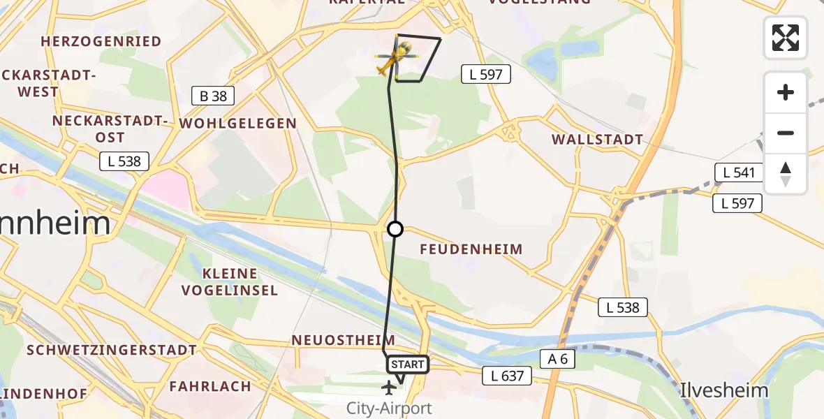 Flugroute Rettungshubschrauber Mannheim-City Flughafen - Mannheim, 22 Juni 2026, 08:39