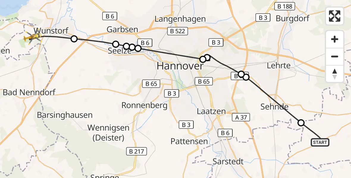 Flugroute Rettungshubschrauber Hohenhameln - Wunstorf, 22 Juni 2026, 08:39