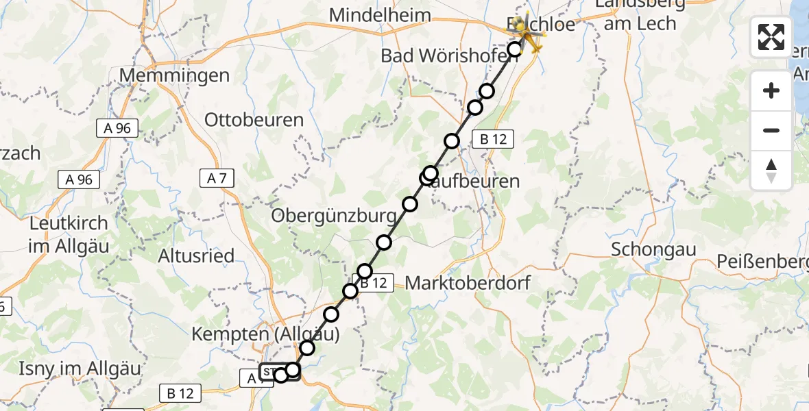 Flugroute Rettungshubschrauber Kempten-Durach Flugplatz - Buchloe, 22 Juni 2026, 08:41
