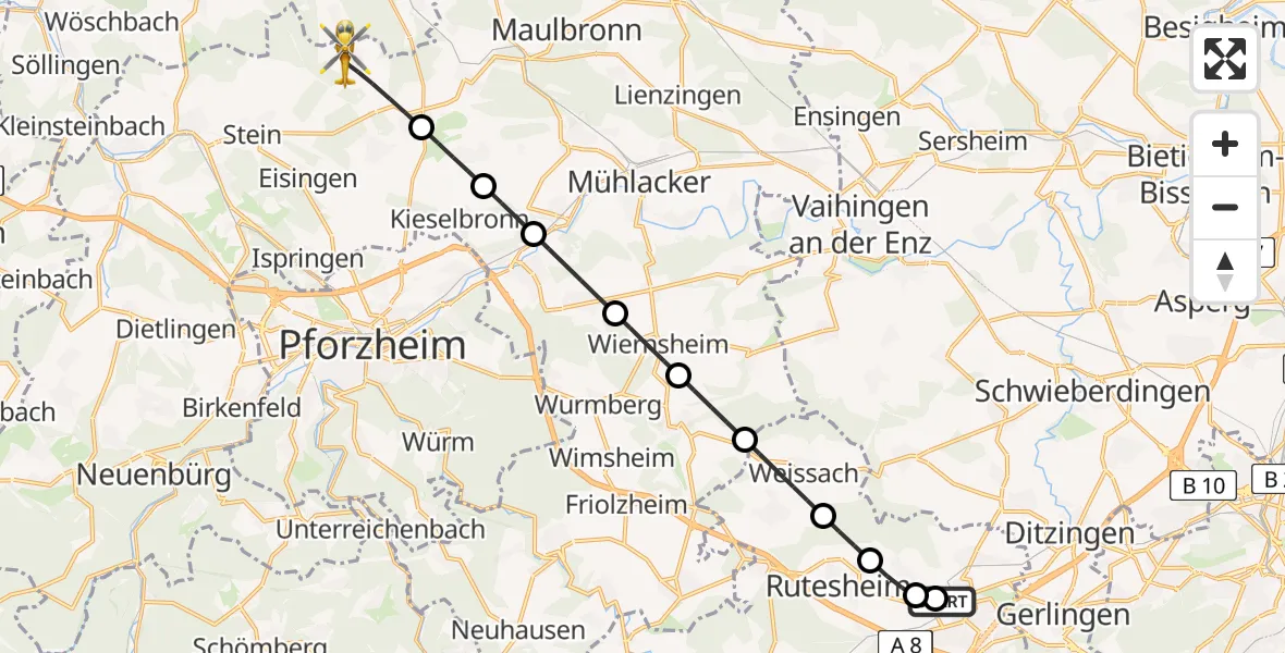 Flugroute Rettungshubschrauber Leonberg Hospital - Neulingen, 22 Juni 2026, 08:43