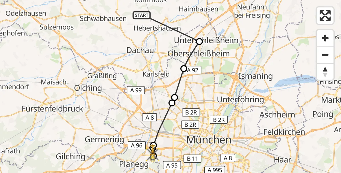 Flugroute Rettungshubschrauber Röhrmoos - Gräfelfing, 22 Juni 2026, 08:45