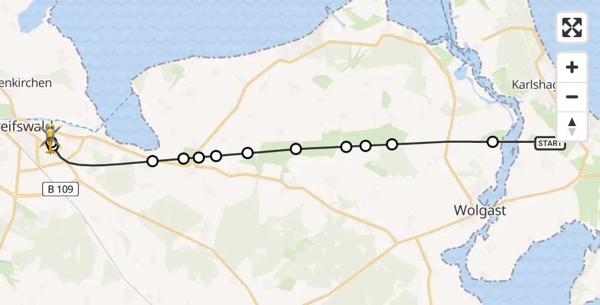 Flugroute Rettungshubschrauber Mölschow - Greifswald Hospital, 22 Juni 2026, 08:48