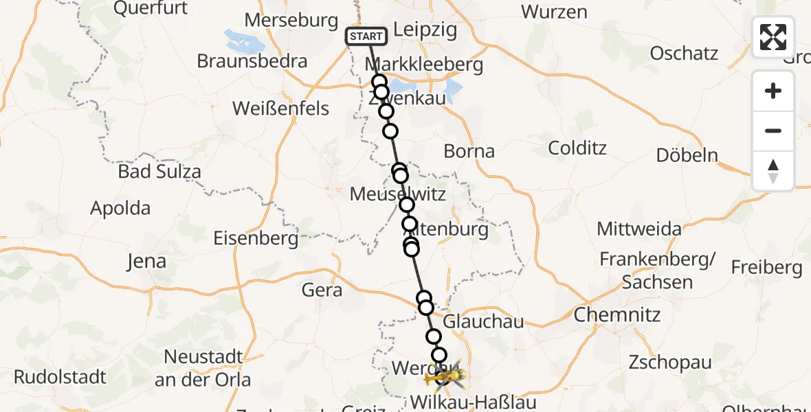 Flugroute Rettungshubschrauber Markranstädt - ADAC Air Rescue Station Zwickau Hubschrauberlandeplatz, 22 Juni 2026, 08:50