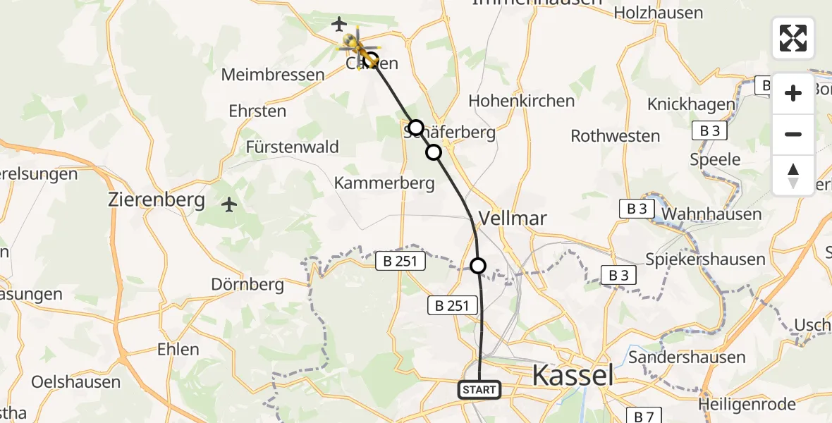 Flugroute Rettungshubschrauber Kassel - Kassel Flughafen, 22 Juni 2026, 08:51