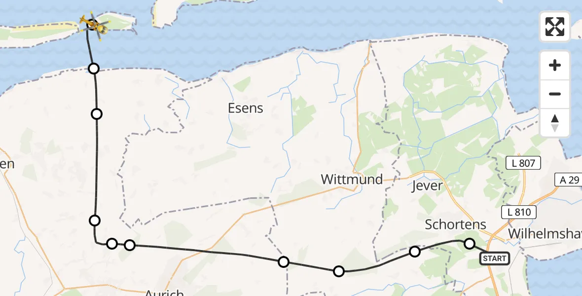 Flugroute Rettungshubschrauber Sande - Baltrum Flughafen, 22 Juni 2026, 08:59