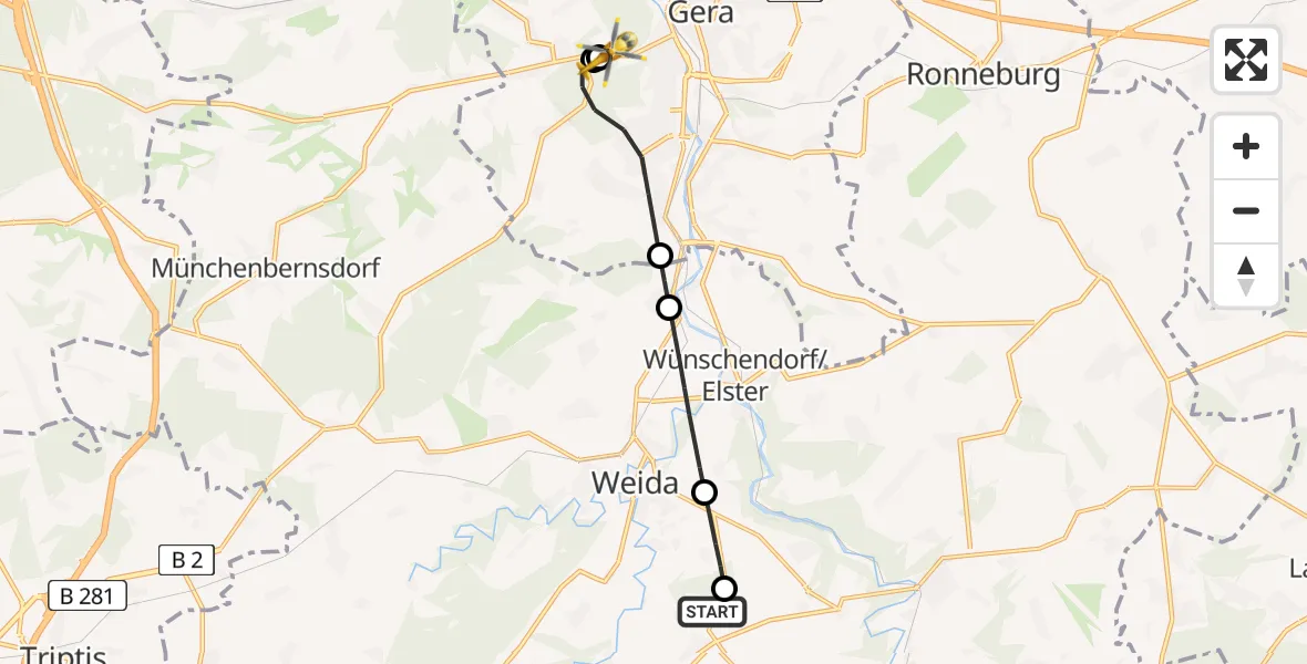 Flugroute Rettungshubschrauber Weida - SRH Wald-Klinikum Gera Hospital, 22 Juni 2026, 09:02