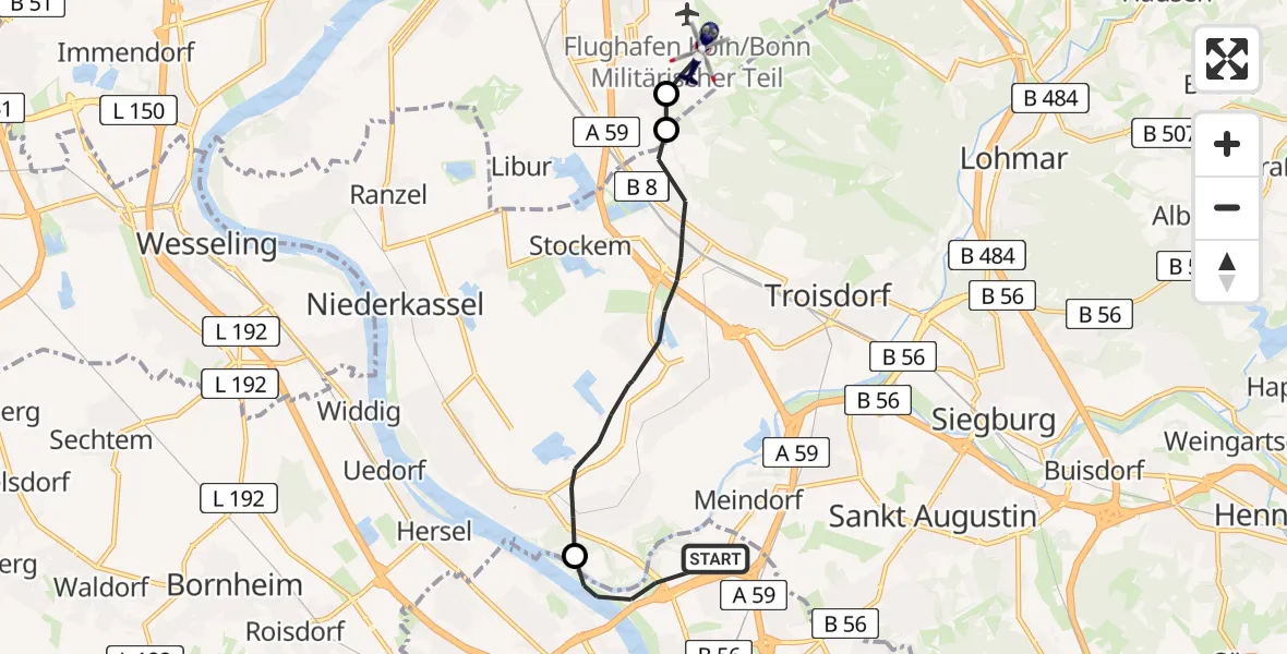 Flugroute Polizeihubschrauber Bonn - Köln Bonn Flughafen, 22 Juni 2026, 09:03