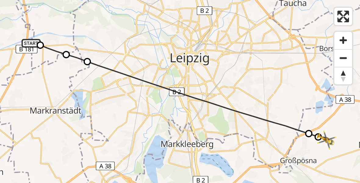 Flugroute Rettungshubschrauber ADAC Air Rescue Station Leipzig/Schkeuditz-Dölzig Hubschrauberlandeplatz (Christoph 61) - Naunhof, 22 Juni 2026, 09:04
