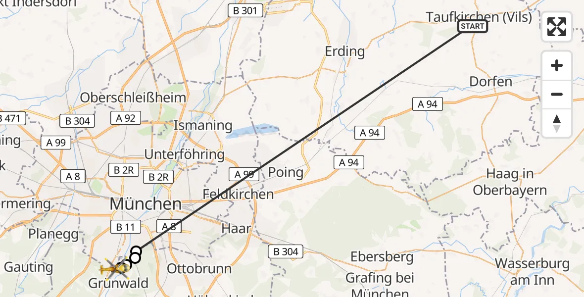 Flugroute Rettungshubschrauber Taufkirchen (Vils) - Pullach i.Isartal, 22 Juni 2026, 09:05