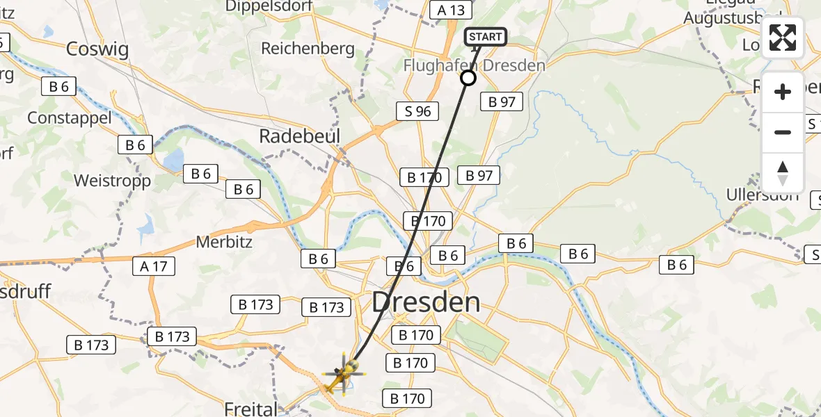 Flugroute Rettungshubschrauber Dresden Flughafen - Dresden, 22 Juni 2026, 09:05
