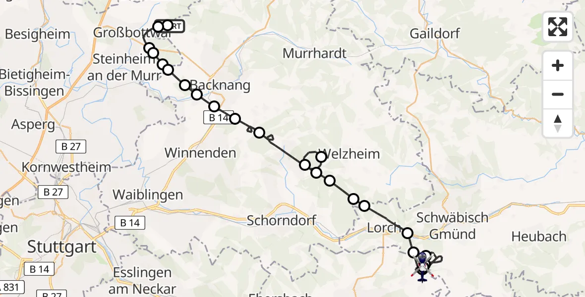 Flugroute Polizeihubschrauber Völkleshofen-Lichtenberg Flugplatz - Göppingen, 22 Juni 2026, 09:07