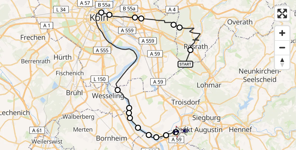 Flugroute Polizeihubschrauber Köln Bonn Flughafen - Sankt Augustin, 22 Juni 2026, 09:11