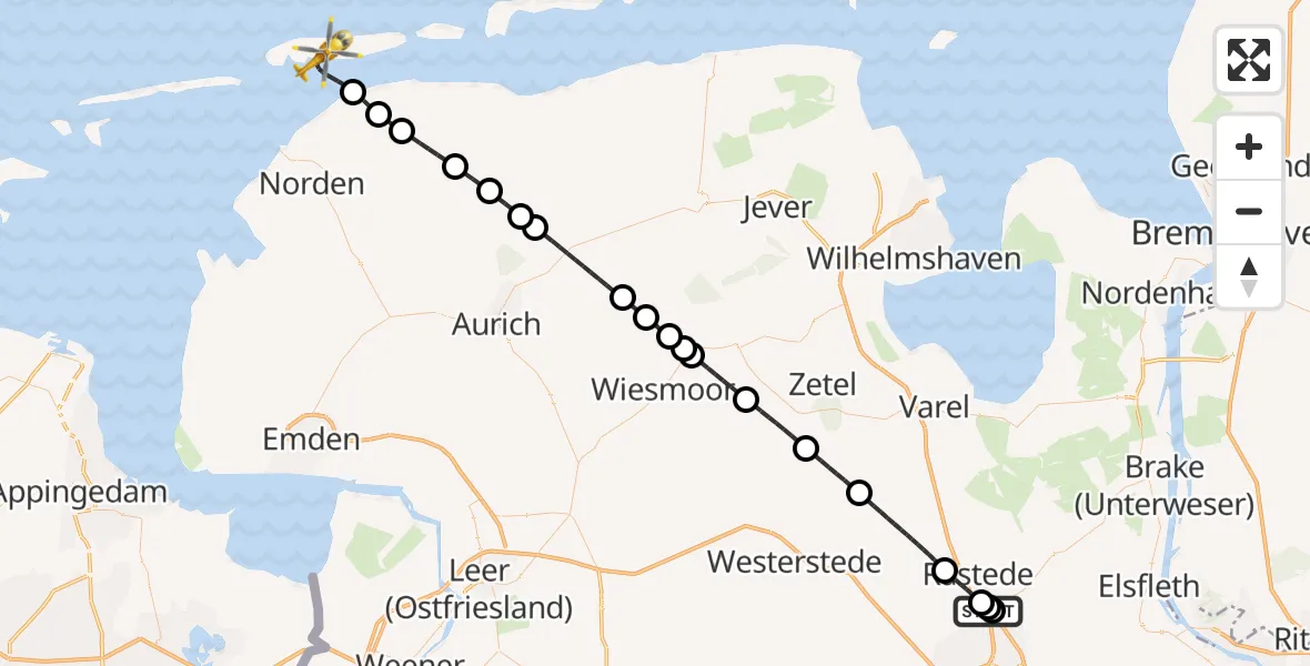 Flugroute Ambulanzhubschrauber Oldenburg Police Hubschrauberlandeplatz - Norderney Flughafen, 22 Juni 2026, 09:13