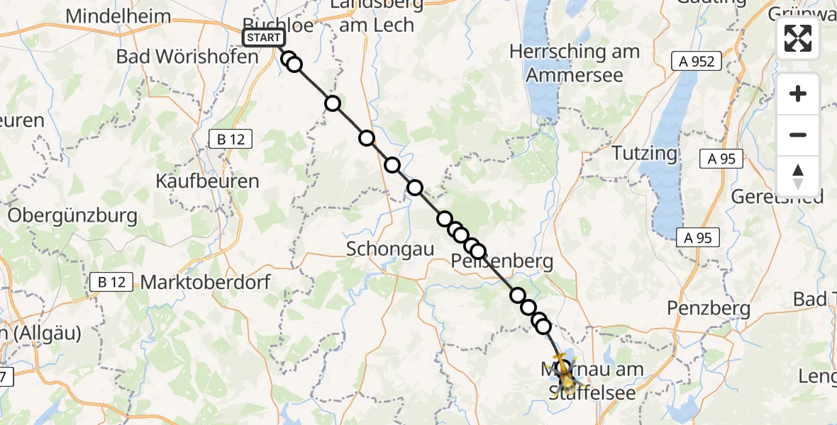Flugroute Rettungshubschrauber Buchloe - Seehausen a.Staffelsee, 22 Juni 2026, 09:17