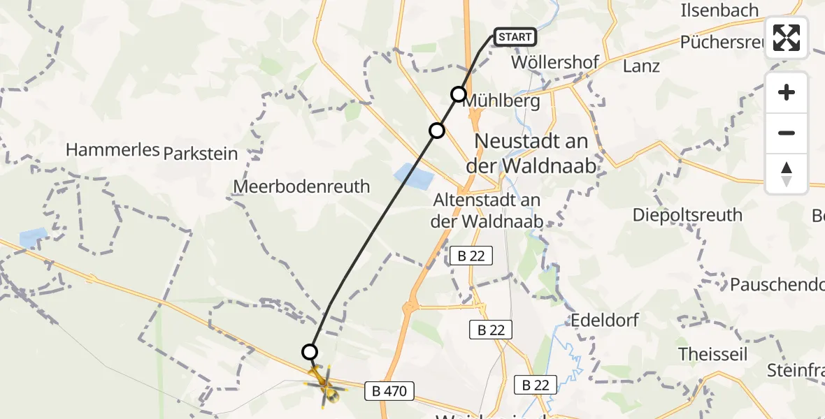 Flugroute Rettungshubschrauber Kirchendemenreuth - Weiden i.d.OPf., 22 Juni 2026, 09:17