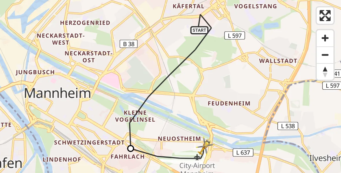 Flugroute Rettungshubschrauber Mannheim - Mannheim-City Flughafen, 22 Juni 2026, 09:19