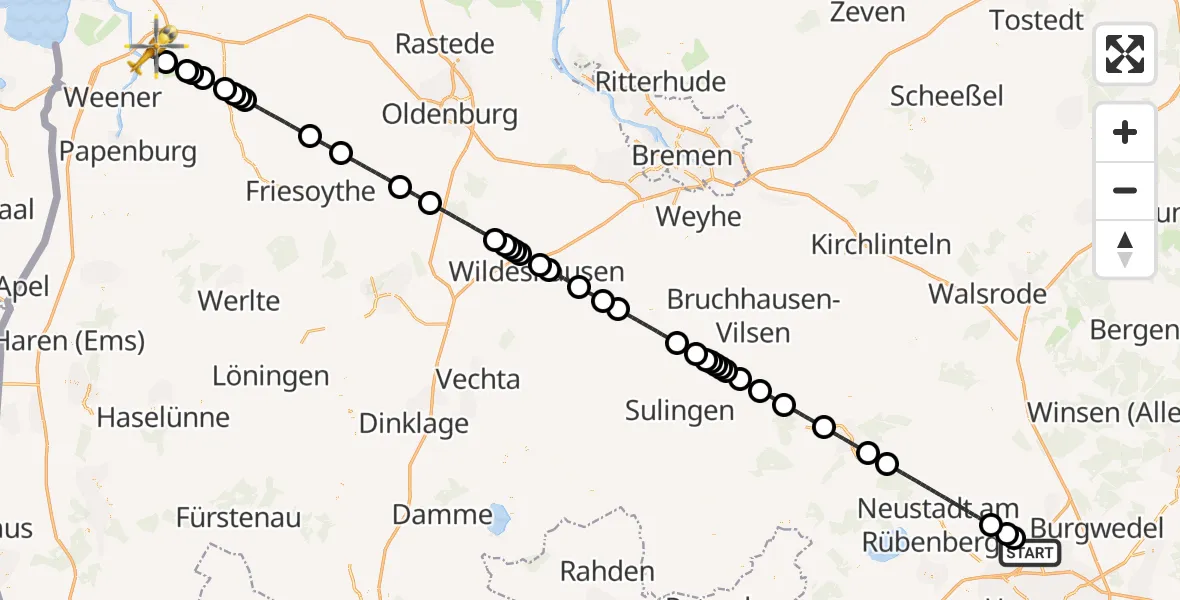 Flugroute Rettungshubschrauber Flughafen Hannover - Leer (Ostfriesland), 22 Juni 2026, 09:21