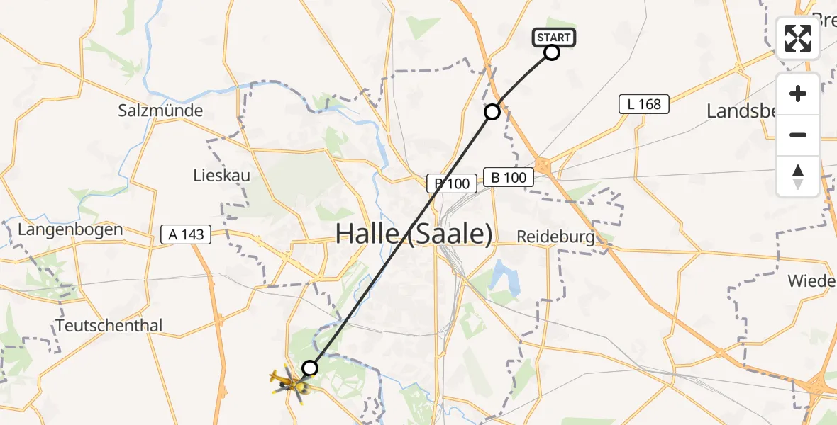 Flugroute Rettungshubschrauber Halle-Oppin Flugplatz - Teutschenthal, 22 Juni 2026, 09:23