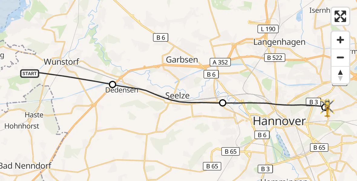 Flugroute Rettungshubschrauber Wunstorf - Hannover Luftrettung Hubschrauberlandeplatz (Christoph 4), 22 Juni 2026, 09:24