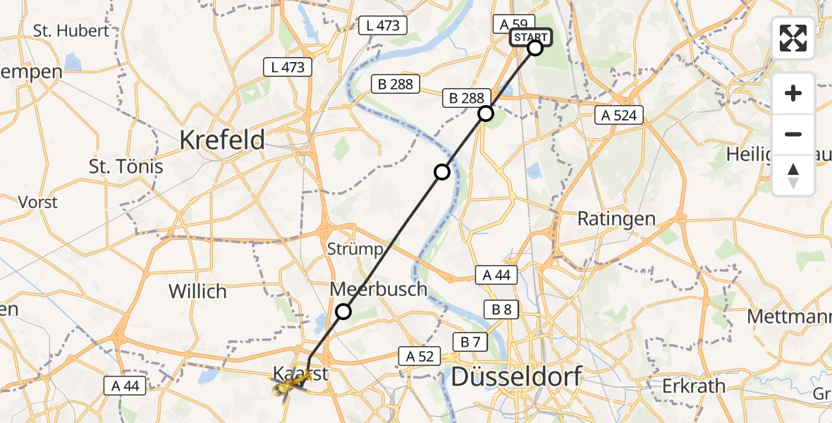 Flugroute Rettungshubschrauber Duisburg Air Rescue Hubschrauberlandeplatz (Christoph 9) - Kaarst, 22 Juni 2026, 09:24
