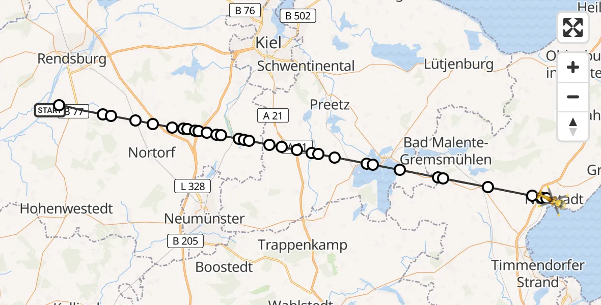 Flugroute Ambulanzhubschrauber Schülp b.Rendsburg - Neustadt in Holstein, 22 Juni 2026, 09:29