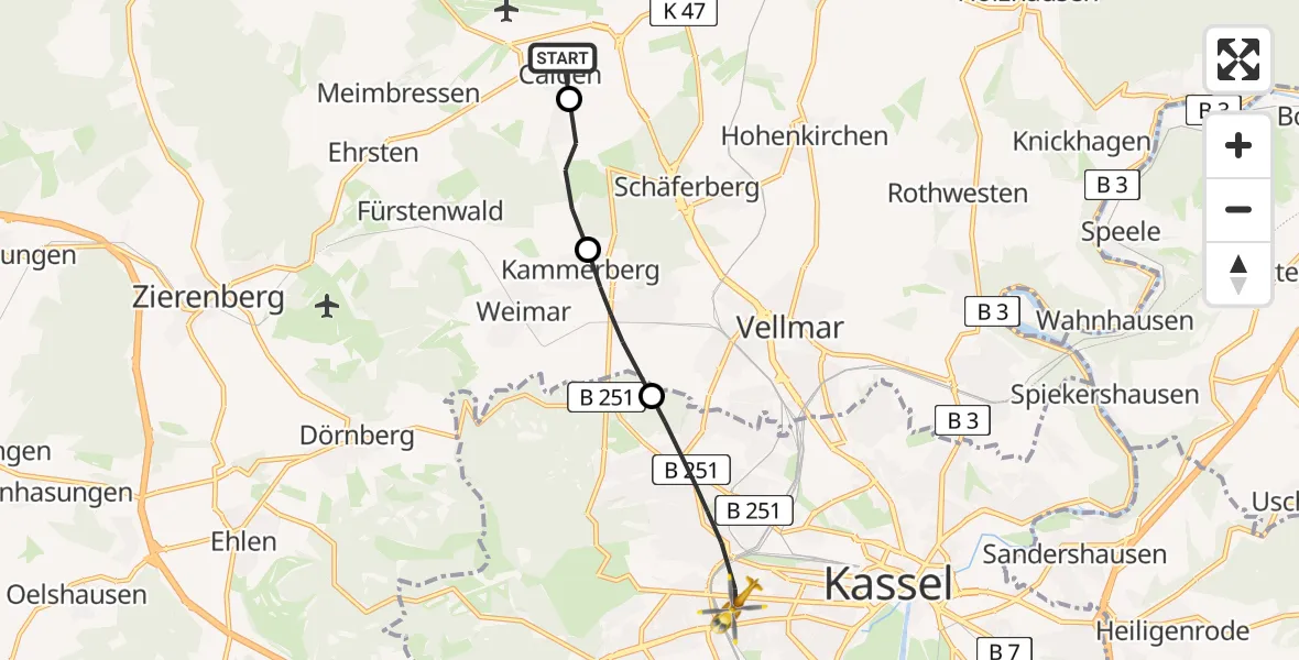 Flugroute Rettungshubschrauber Kassel Flughafen - Kassel, 22 Juni 2026, 09:29