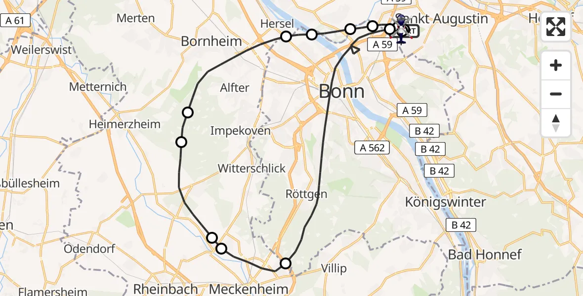 Flugroute Polizeihubschrauber Bonn-Hangelar Flugplatz - Sankt Augustin, 22 Juni 2026, 09:29