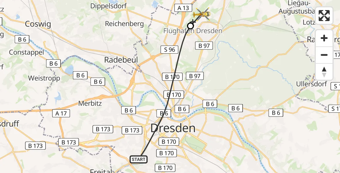 Flugroute Rettungshubschrauber Dresden - Dresden Bundespolizei Hubschrauberlandeplatz, 22 Juni 2026, 09:31