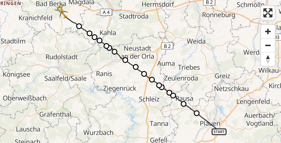 Flugroute Rettungshubschrauber Plauen - Blankenhain, 22 Juni 2026, 09:32