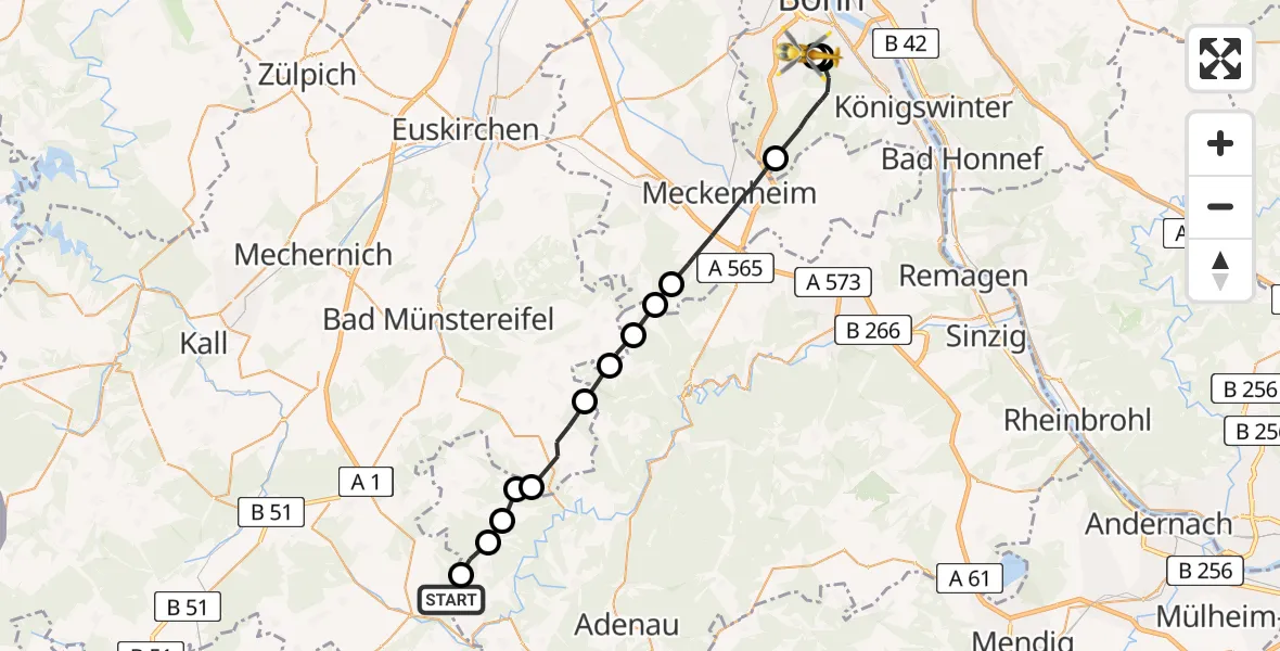 Flugroute Ambulanzhubschrauber Dorsel - Bonn, 22 Juni 2026, 09:33