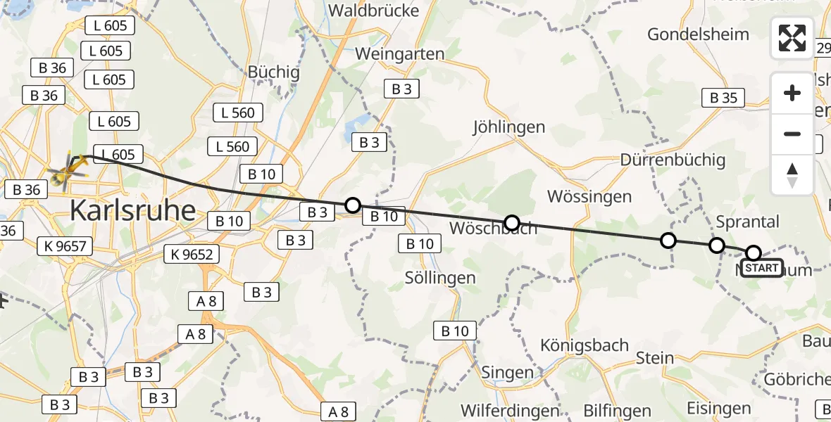 Flugroute Rettungshubschrauber Neulingen - Karlsruhe, 22 Juni 2026, 09:36