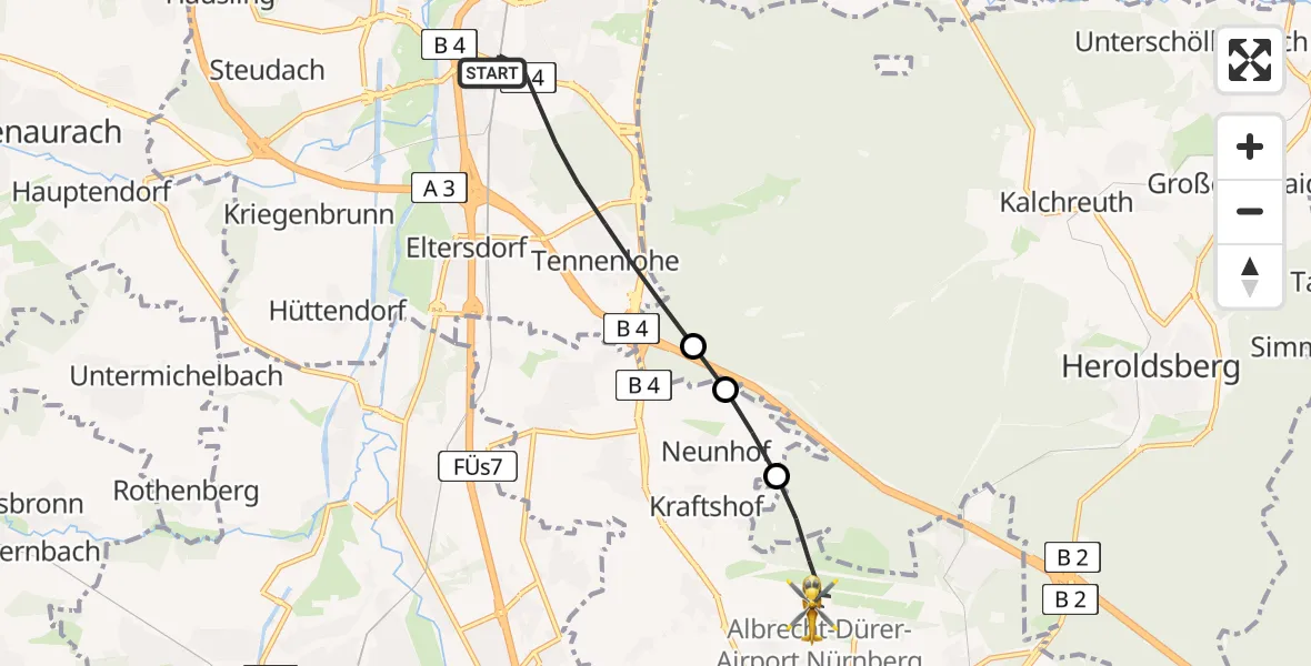 Flugroute Rettungshubschrauber Erlangen - Flughafen Nuremberg, 22 Juni 2026, 09:36