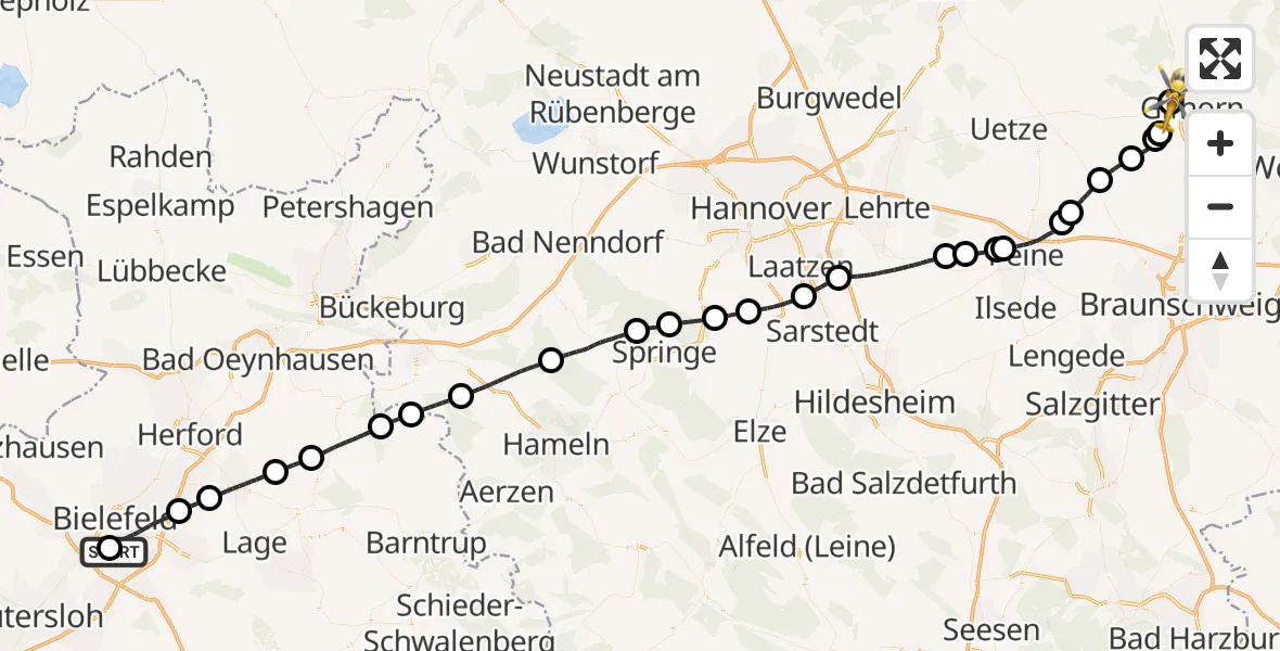 Flugroute Rettungshubschrauber Luftrettungszentrum Bielefeld - Gifhorn Bundespolizei Hubschrauberlandeplatz, 22 Juni 2026, 09:40