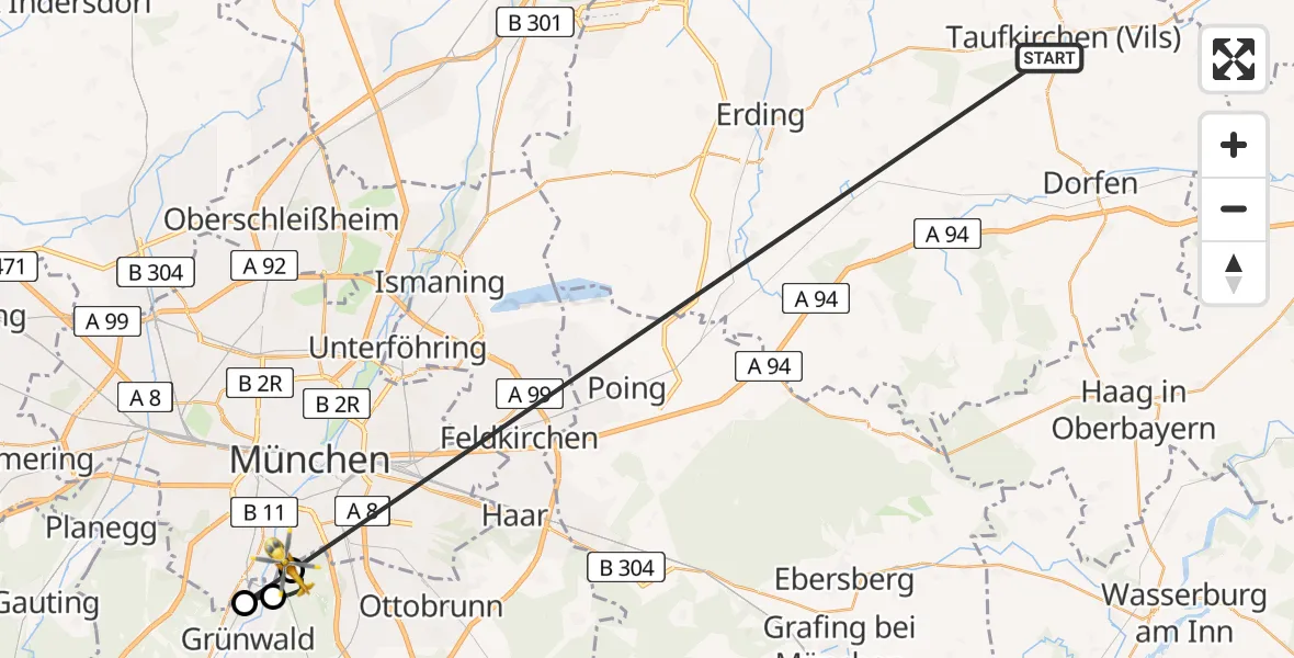 Flugroute Rettungshubschrauber Taufkirchen (Vils) - ADAC Air Rescue Center Hubschrauberlandeplatz (Christoph 1), 22 Juni 2026, 09:41
