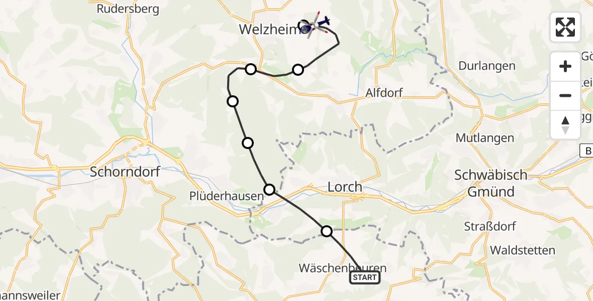 Flugroute Polizeihubschrauber Wäschenbeuren - Alfdorf, 22 Juni 2026, 09:44