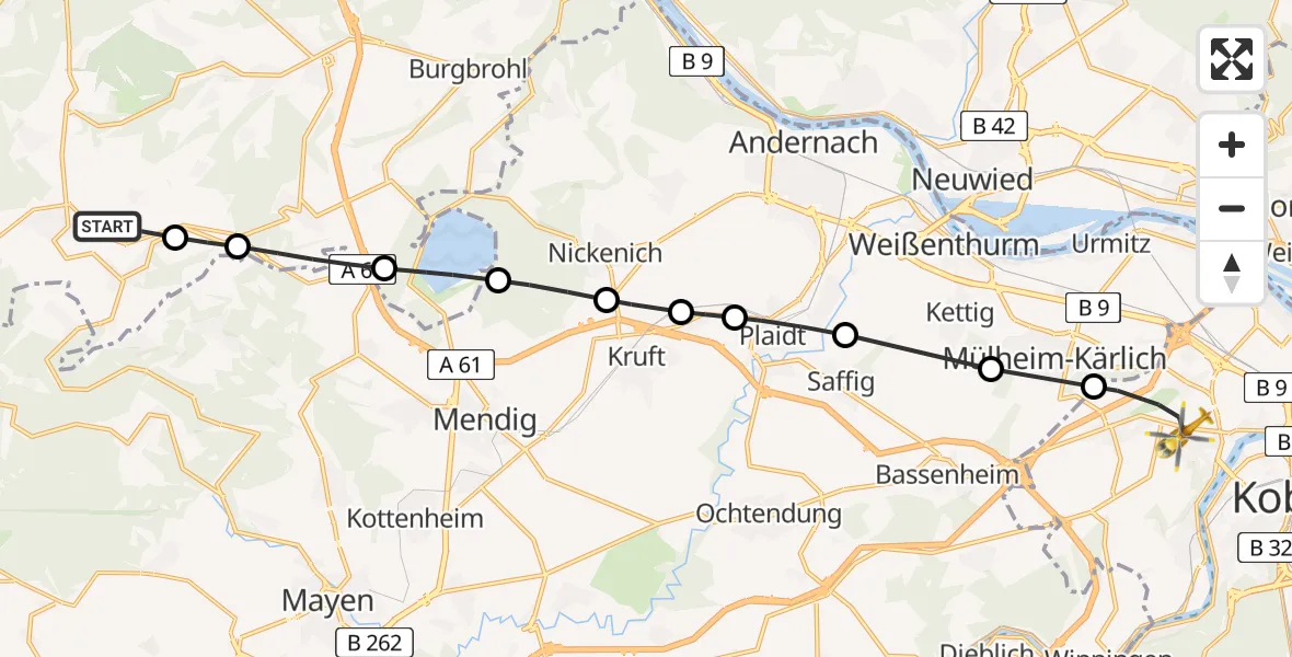 Flugroute Rettungshubschrauber Kempenich - Koblenz, 22 Juni 2026, 09:45