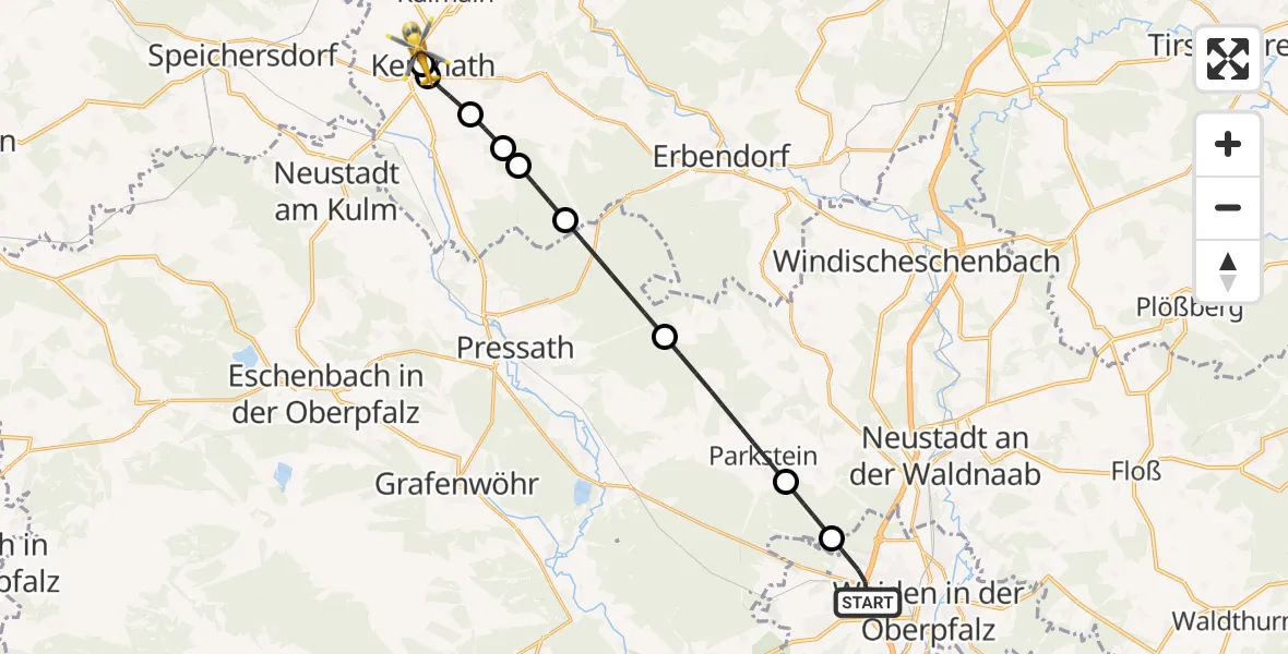 Flugroute Rettungshubschrauber Weiden i.d.OPf. - Kemnath, 22 Juni 2026, 09:51