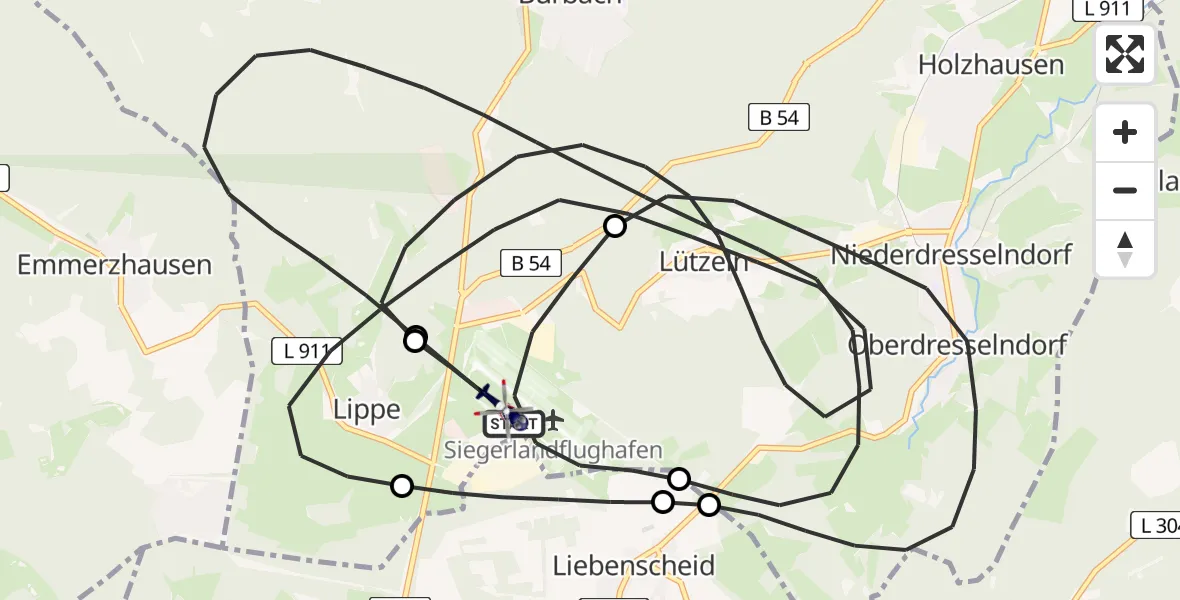 Flugroute Polizeihubschrauber Siegerland Flughafen - Siegerland Flughafen, 22 Juni 2026, 09:53