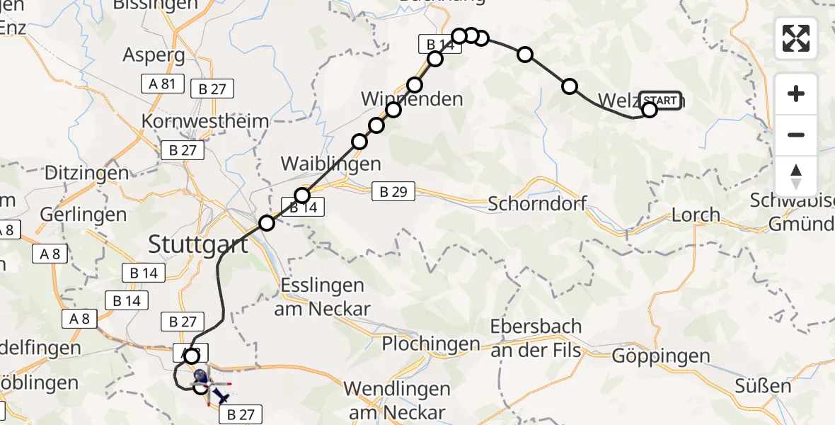 Flugroute Polizeihubschrauber Welzheim Flugplatz - Flughafen Stuttgart, 22 Juni 2026, 09:54