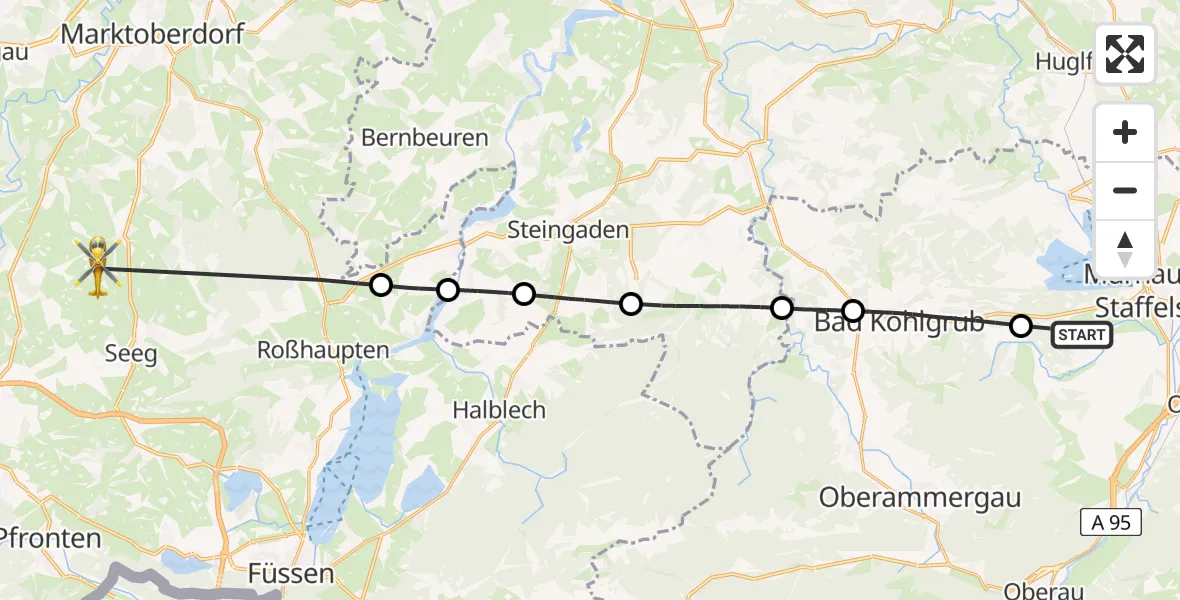Flugroute Rettungshubschrauber Murnau a.Staffelsee - Lengenwang, 22 Juni 2026, 09:55
