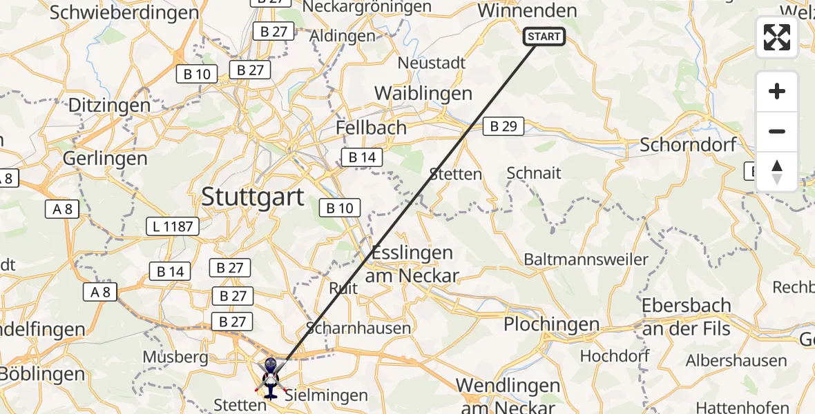 Flugroute Polizeihubschrauber Winnenden - Flughafen Stuttgart, 22 Juni 2026, 09:59