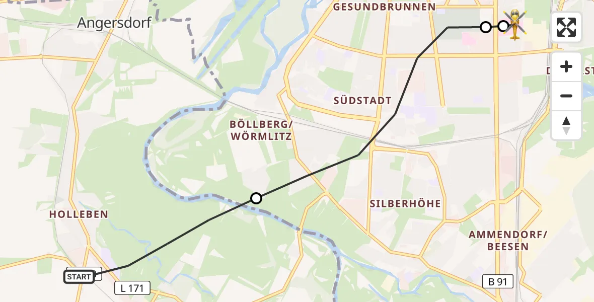 Flugroute Rettungshubschrauber Teutschenthal - BG Hospital Bergmannstrost Halle, 22 Juni 2026, 10:02