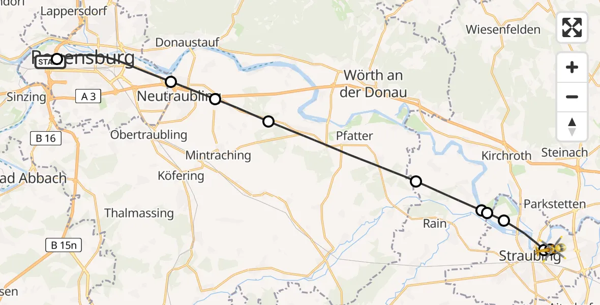 Flugroute Rettungshubschrauber Barmherzige Brüder (Brothers of Mercy) Hospital Regensburg - Sankt Elisabeth Hospital Straubing, 22 Juni 2026, 10:04