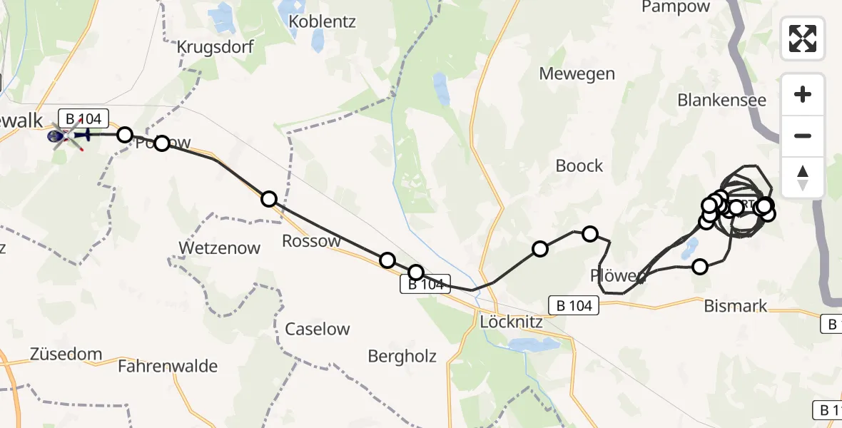 Flugroute Polizeihubschrauber Blankensee - Pasewalk, 22 Juni 2026, 10:04