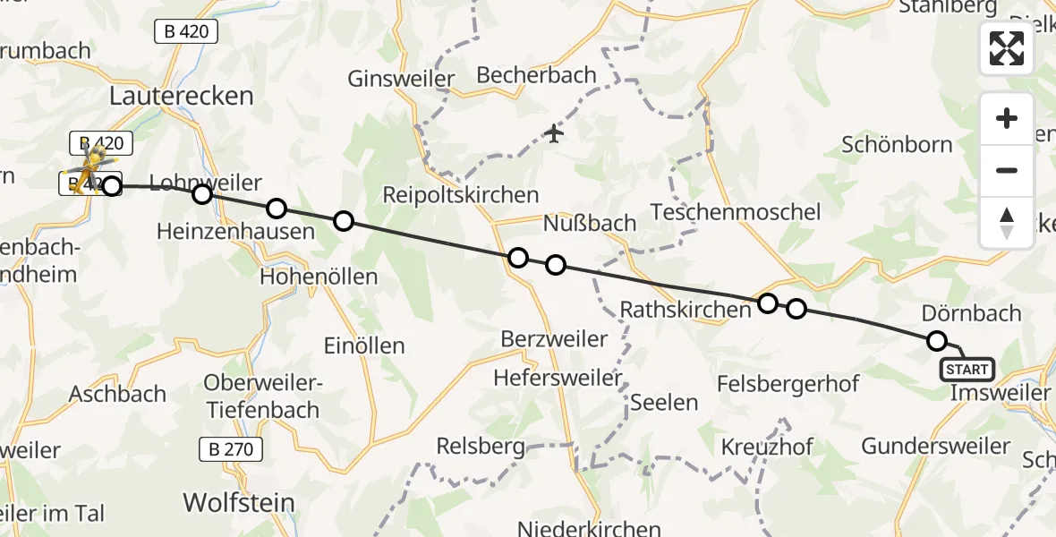 Flugroute Rettungshubschrauber Imsweiler UL - Wiesweiler, 22 Juni 2026, 10:06