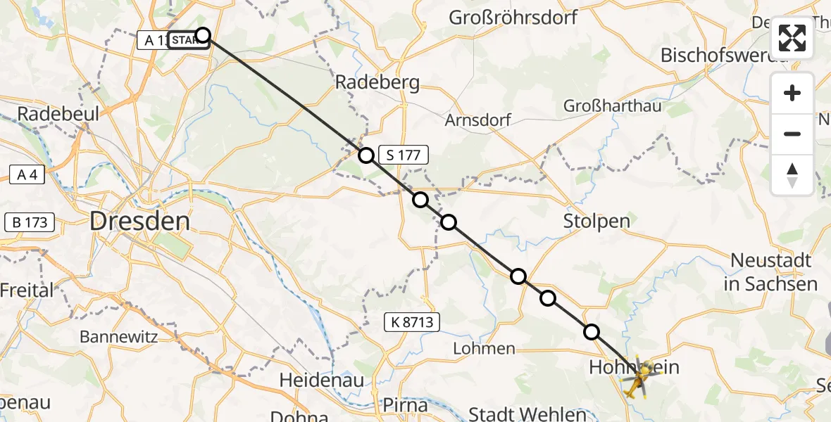 Flugroute Rettungshubschrauber Dresden Bundespolizei Hubschrauberlandeplatz - Hohnstein, 22 Juni 2026, 10:07