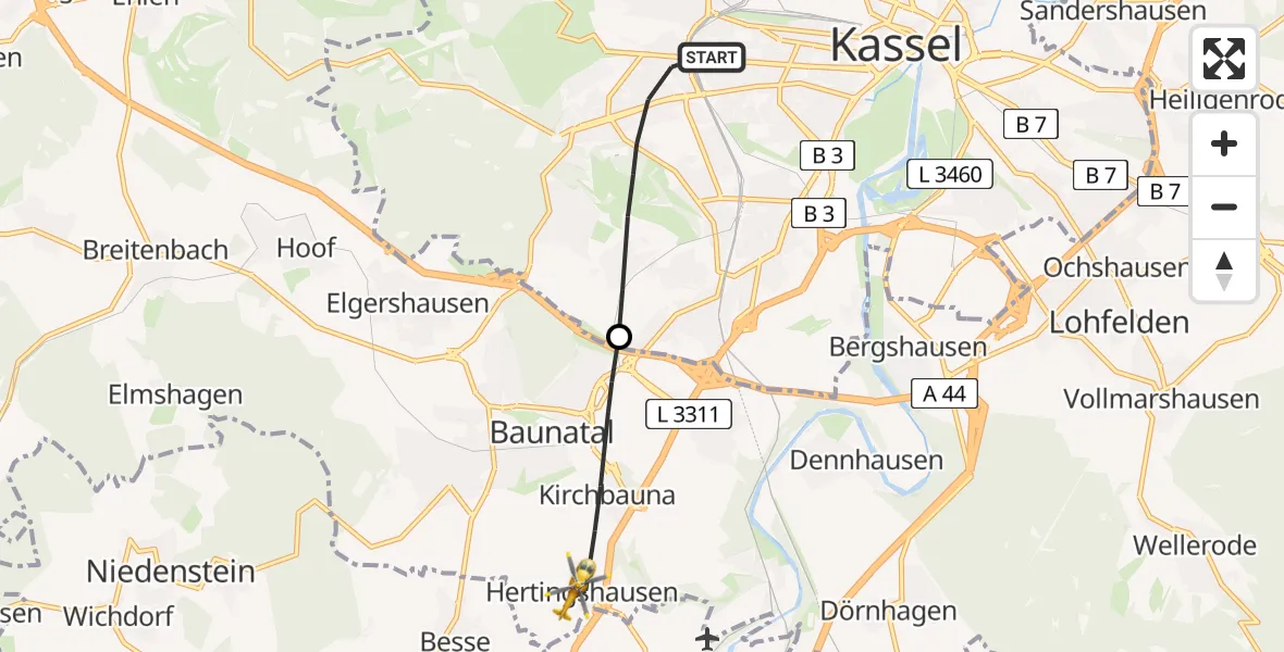 Flugroute Rettungshubschrauber Kassel - Baunatal, 22 Juni 2026, 10:07